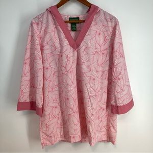 LL Bean Womens Swim Cover-Up Tunic Size L-Reg 3/4 Slv V-Neck Hooded Pink Floral